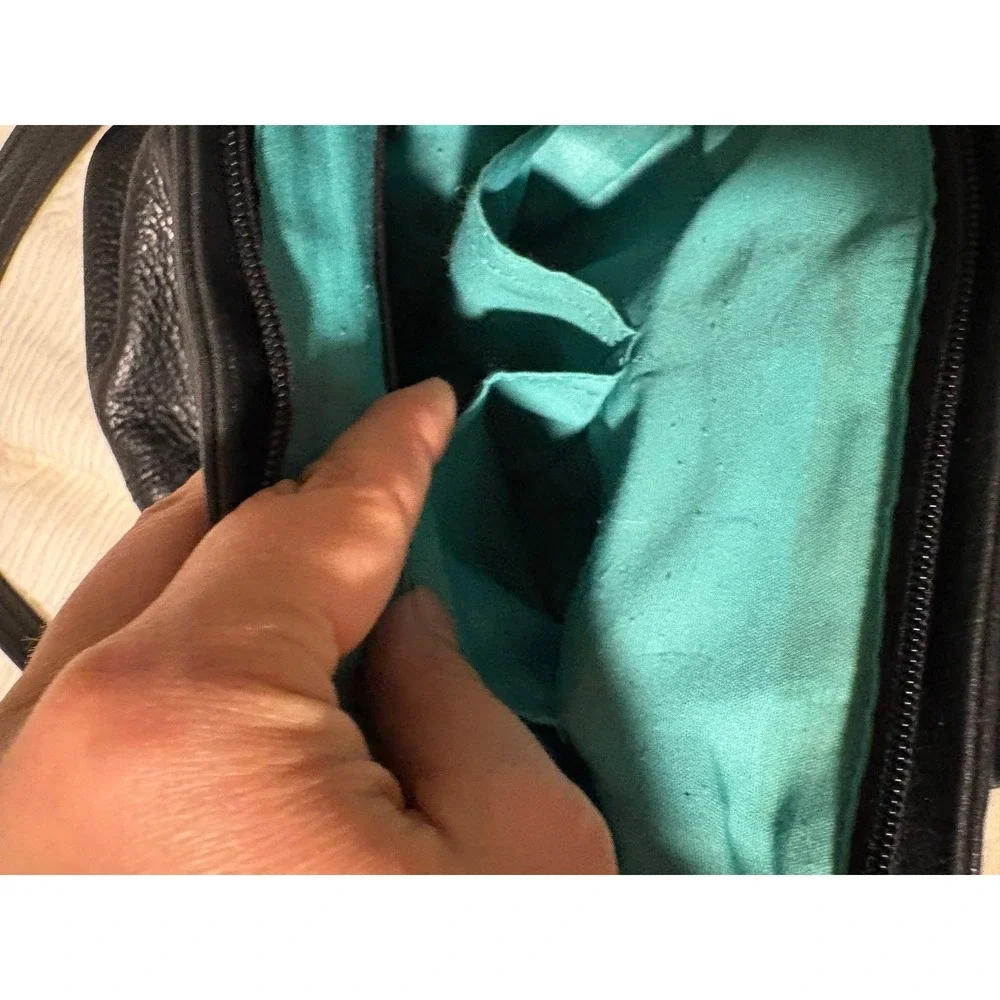 Black Pebbled Leather Shoulder Bag Turquoise Lining Classic Minimalist